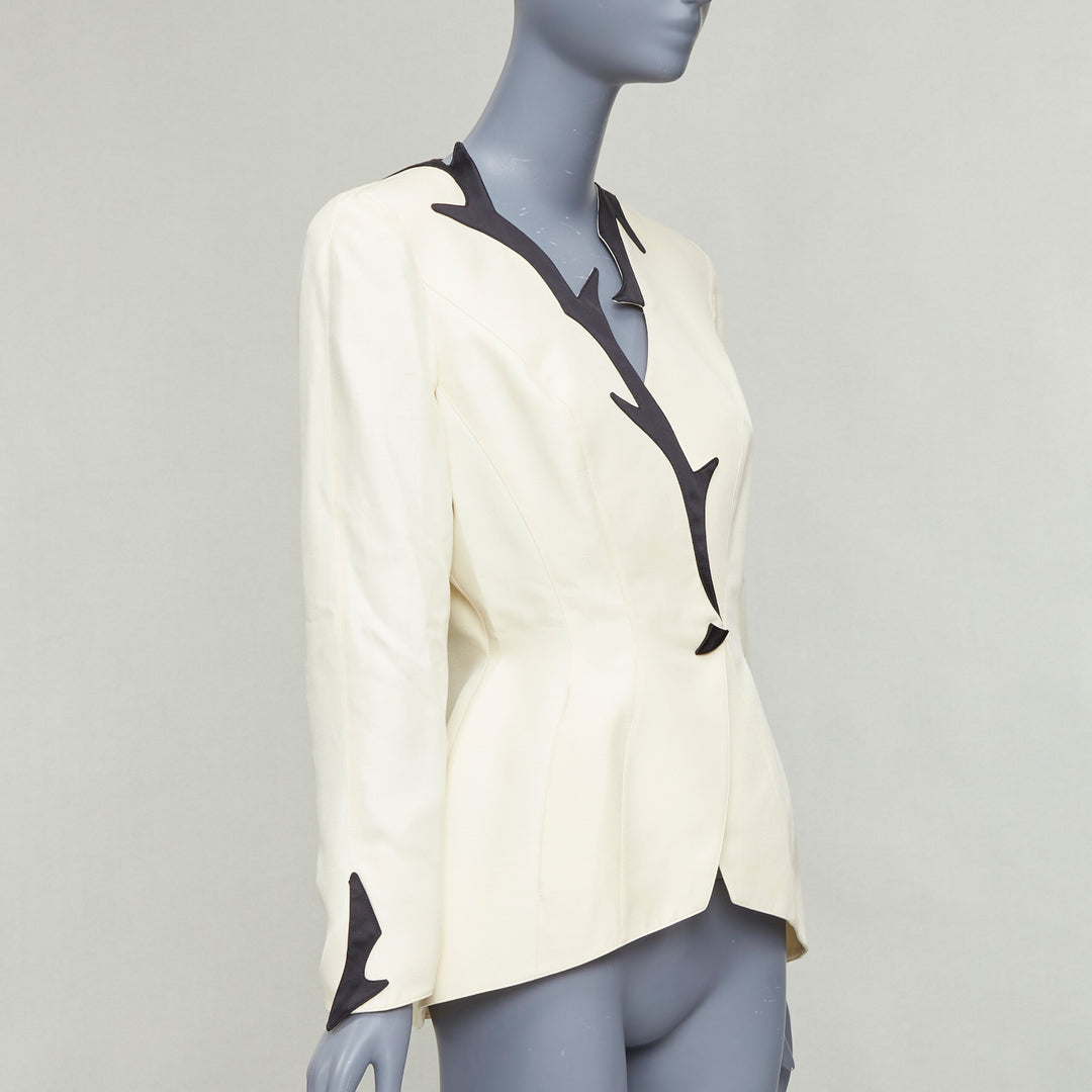 THIERRY MUGLER 1998 Vintage off white cotton border collar peplum blazer FR40 L