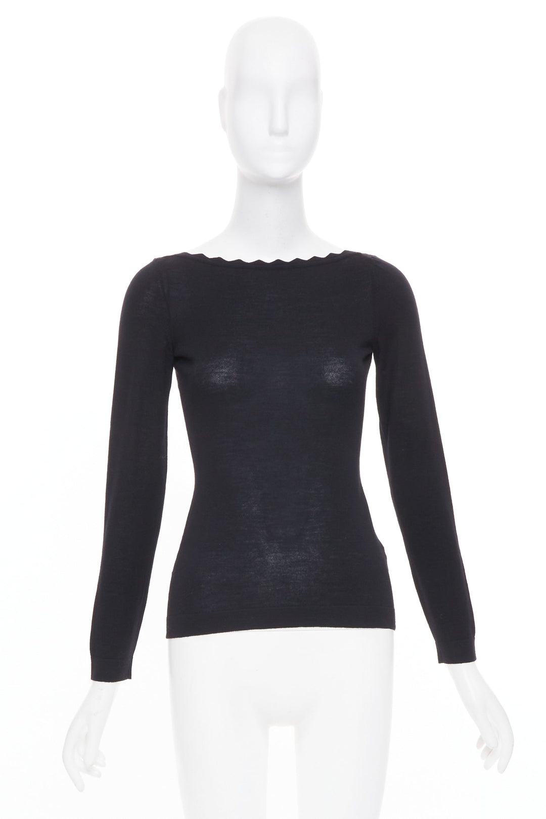 ALAIA virgin wool knit semi sheer black scalloped boat neck l/s top FR36 S