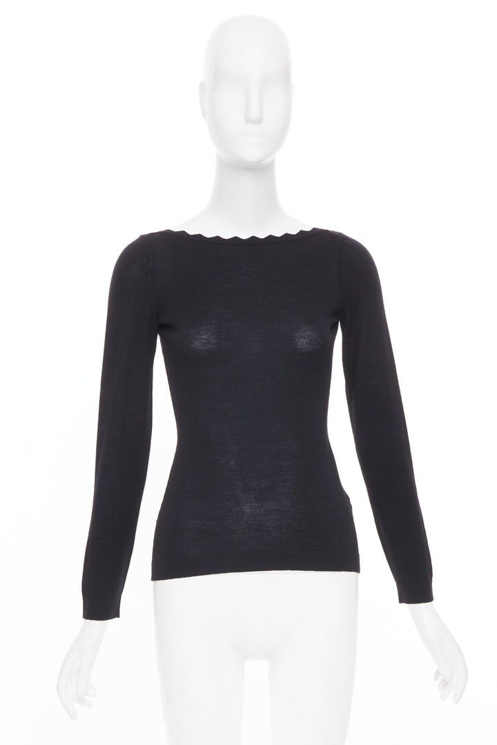 ALAIA virgin wool knit semi sheer black scalloped boat neck l/s top FR36 S