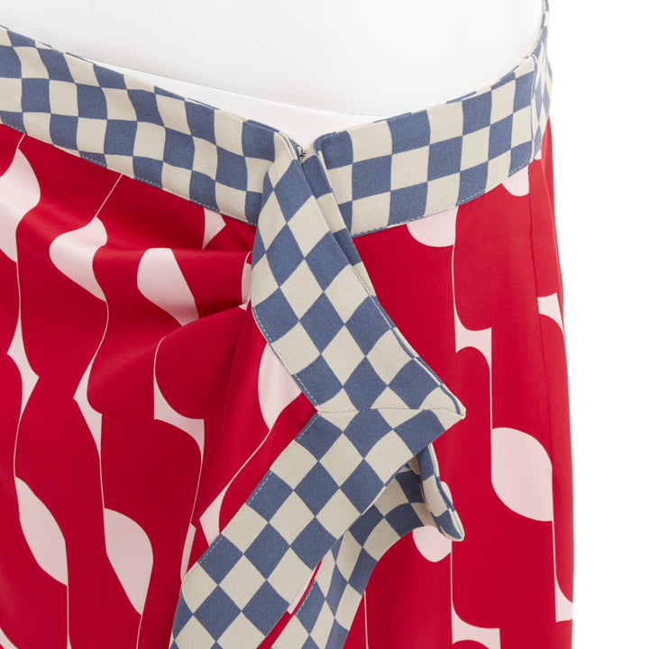 DRIES VAN NOTEN 2024 red silk geometric print wrap checkered midi skirt FR38 M