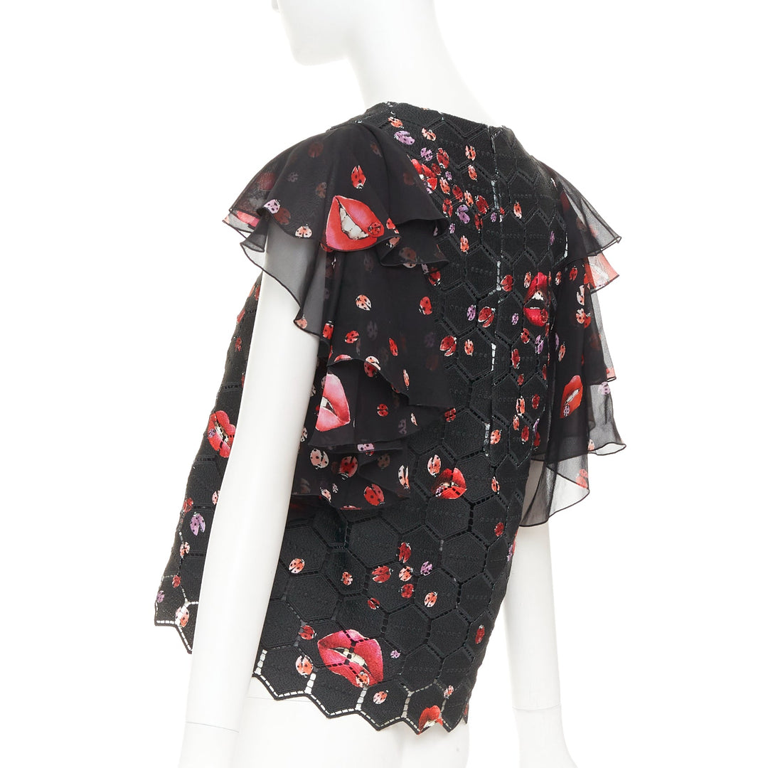 GIAMBA GIAMBATTISTA VALLI black red lady bugs lip embroidered  flutter top IT40
