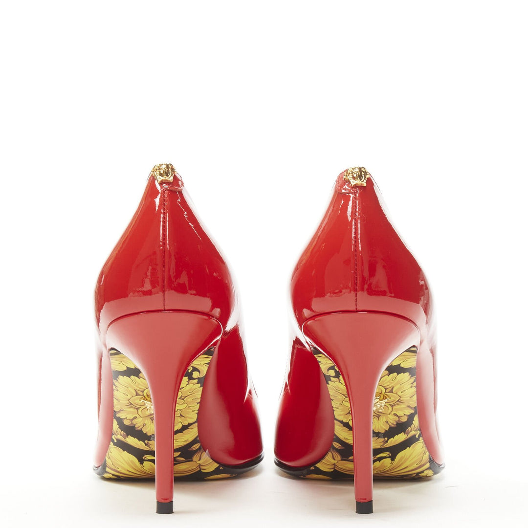 VERSACE Hibiscus Barocco gold sole red patent Medusa stud pump EU39 US9