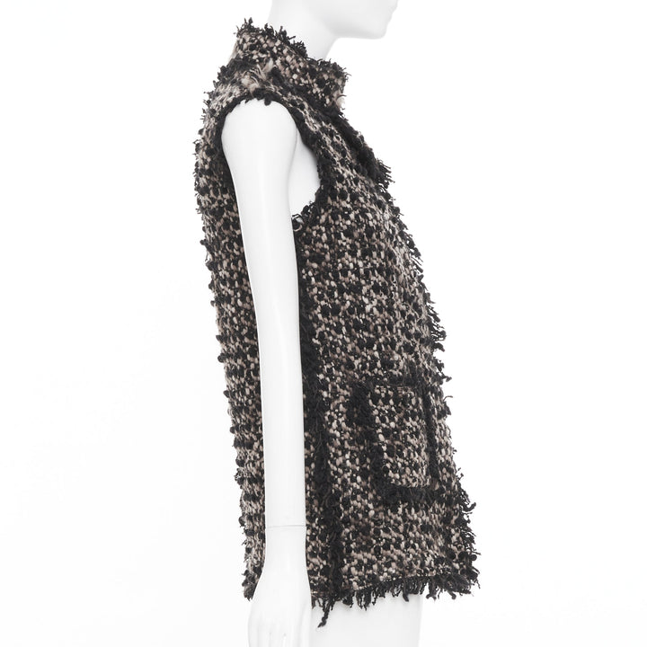 LANVIN 2012 Les 10 Ans beige black wool blend boucle tweed pocketed vest FR34