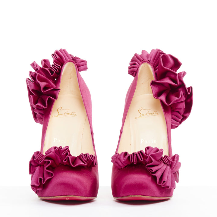 CHRISTIAN LOUBOUTIN Escandria 120 Satin cranberry pink ruffle platform EU37.5