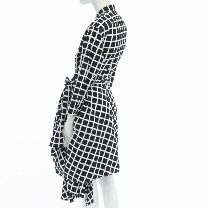 DRIES VAN NOTEN 2009 Runway black white checked wrap bustle knot dress FR36 S