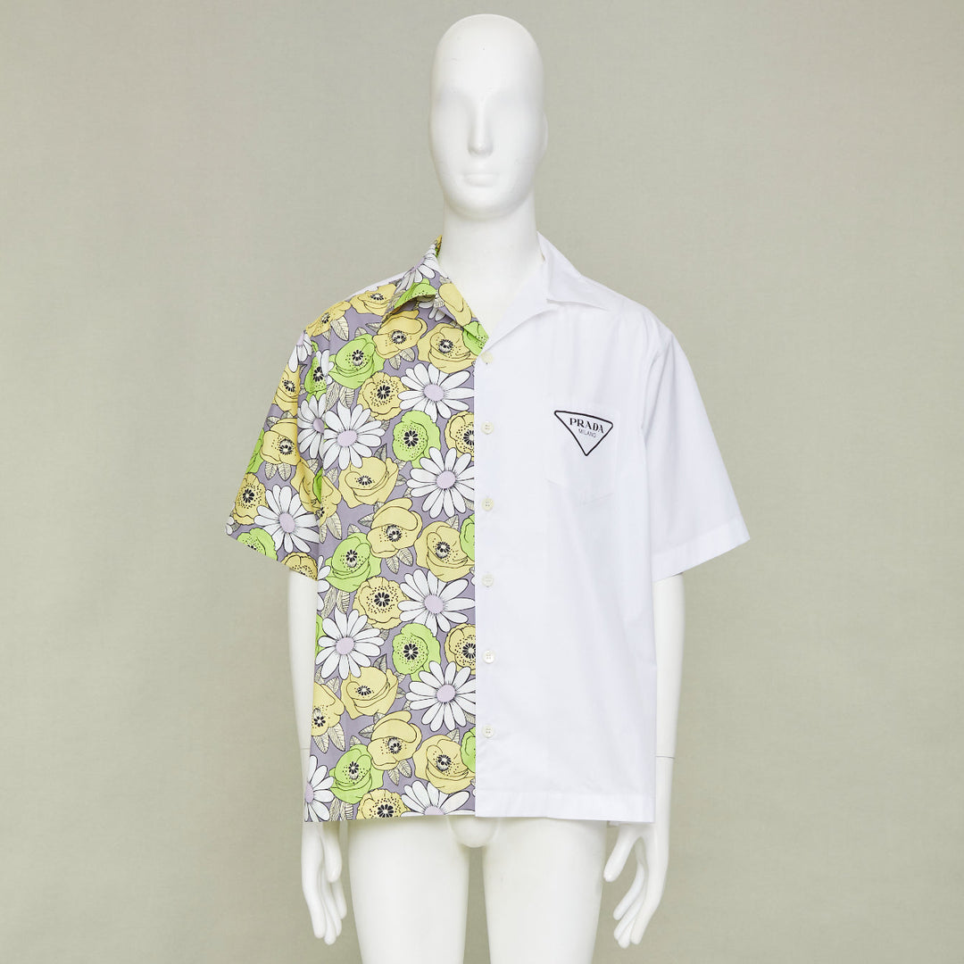 PRADA 2021 Runway Double Match Blossom daisy floral split cotton bowling shirt L