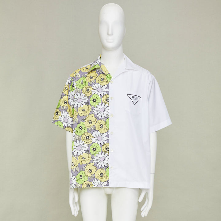 PRADA 2021 Runway Double Match Blossom daisy floral split cotton bowling shirt L