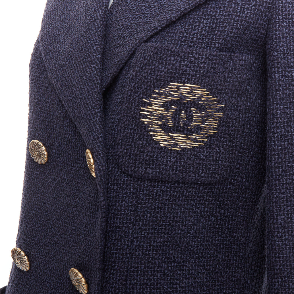 rare CHANEL 12P gold navy tweed CC pocket double breast schoolboy jacket FR38 M