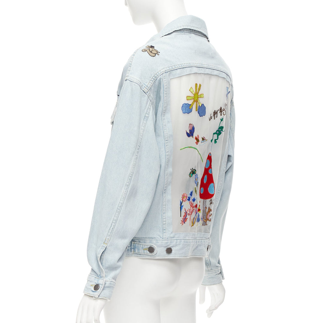 MIRA MIKATI light washed denim sheer embroidery oversized jacket FR34 XS