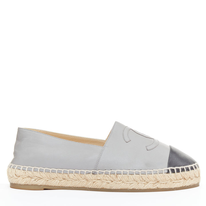 CHANEL bicolor grey lambskin leather black cap toes CC espadrilles shoes EU39