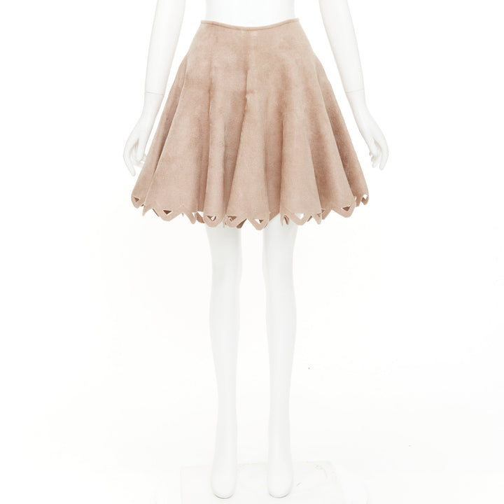 ALAIA nude beige wool velour laser cut hem flared skater skirt FR38 M