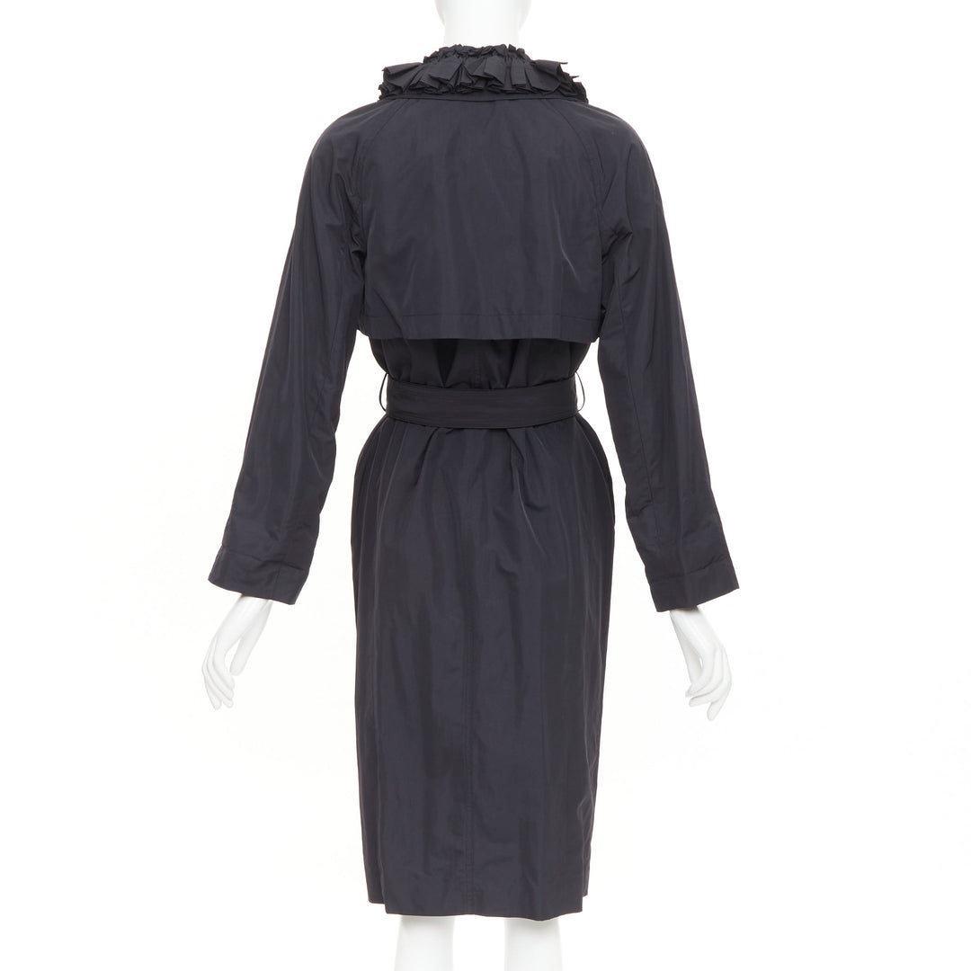 YVES SAINT LAURENT 2006 black nylon ruffle bronze button trench coat FR34 XS