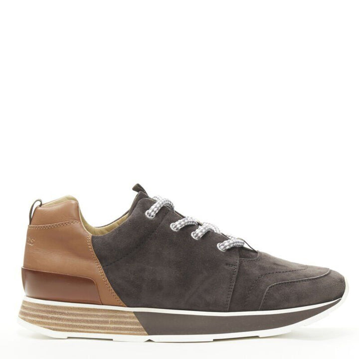 HERMES Buster grey brown suede lace up wooden rubber sole low sneaker EU39.5
