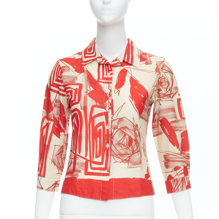 MARNI red beige 100% cotton abstract floral print crop shirt IT38 XS