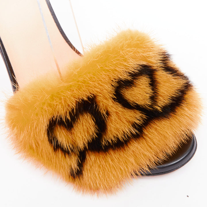FENDI yellow pink mink fur black lambskin fluffy high heel sandals EU37