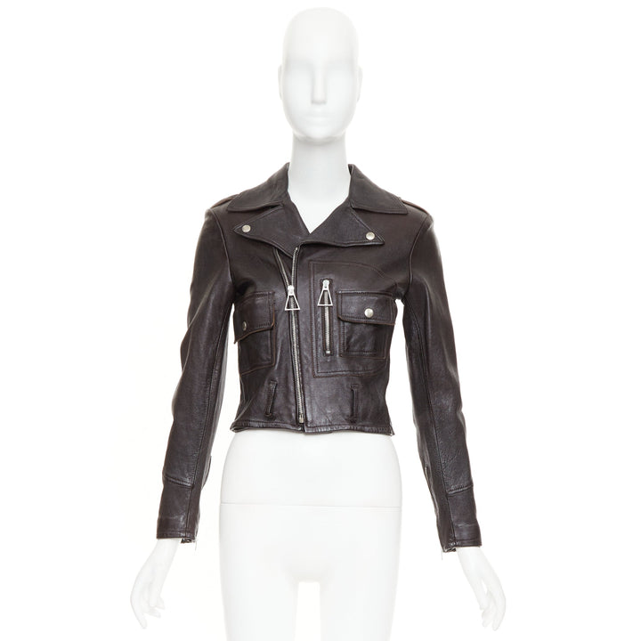 SAINT LAURENT 2016 black lambskin triangular zipper cropped biker jacket FR38