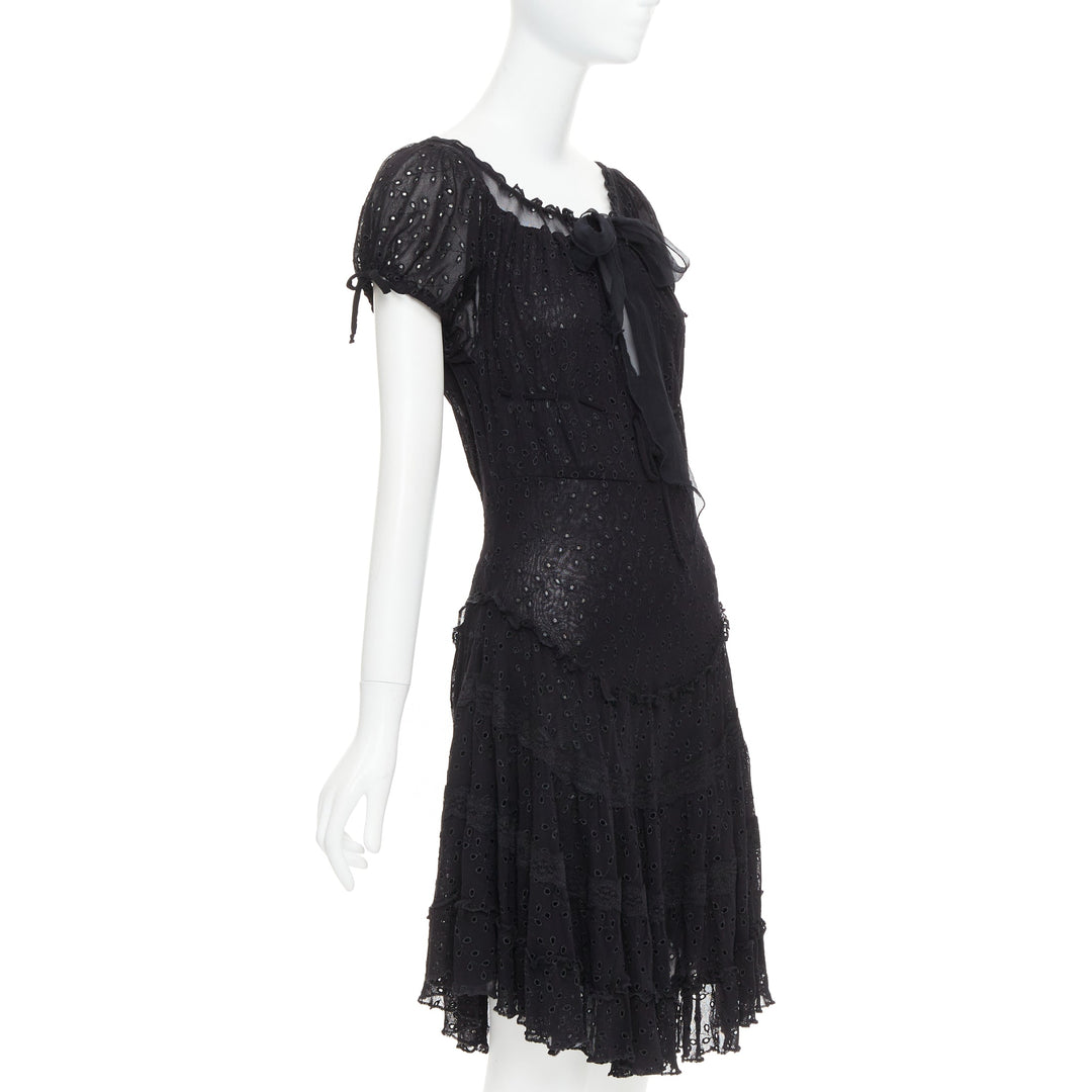 JEAN PAUL GAULTIER MAILLE FEMME Vintage black eyelet ruffle self tie dress M
