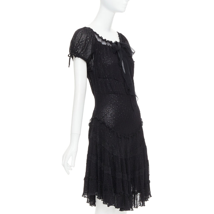 JEAN PAUL GAULTIER MAILLE FEMME Vintage black eyelet ruffle self tie dress M
