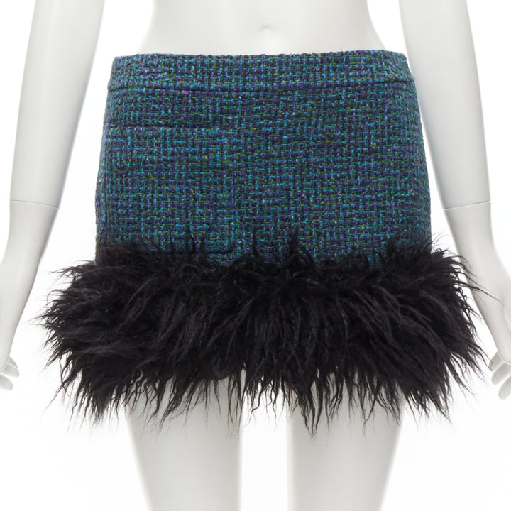 SAINT LAURENT 2022 blue tweed faux fur trim mini skirt FR38 M