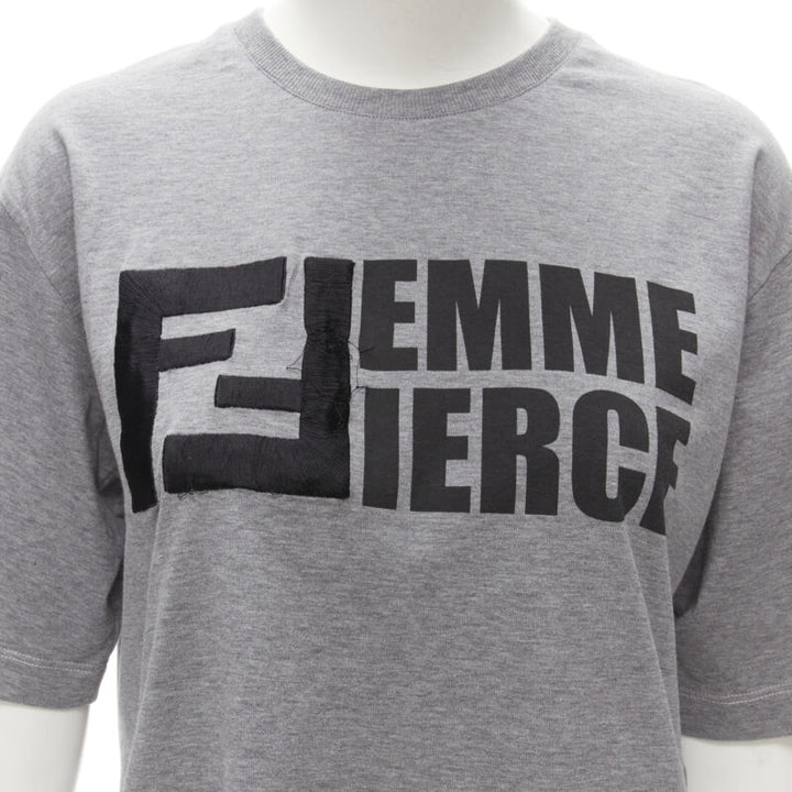 FENDI Femme Fierce embroidery FF logo grey cropped cotton tshirt M