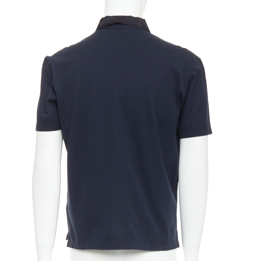 LANVIN navy cotton black grosgrain collar trim short polo shirt M