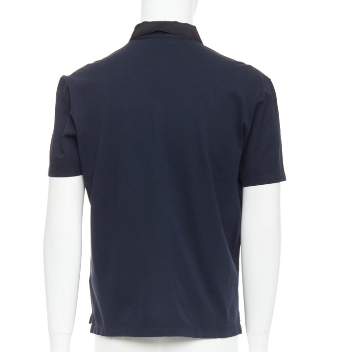 LANVIN navy cotton black grosgrain collar trim short polo shirt M