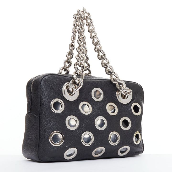 PRADA Vitello Daino Grommet Chain black leather silver cut out shoulder bag