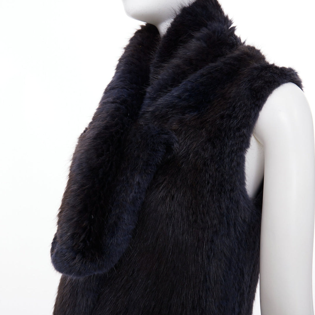 SYMETRIE PARIS black navy genuine fur satin snap buttons collared long gilet M