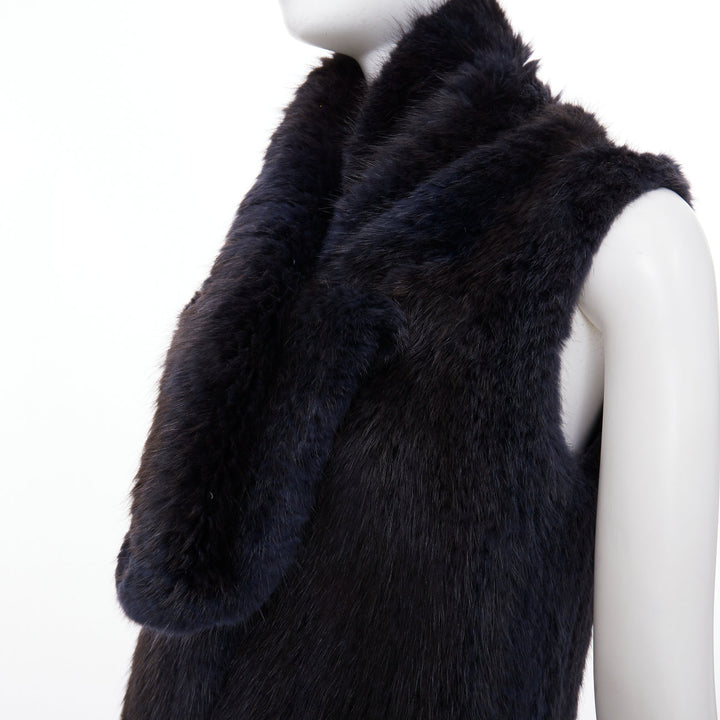 SYMETRIE PARIS black navy genuine fur satin snap buttons collared long gilet M