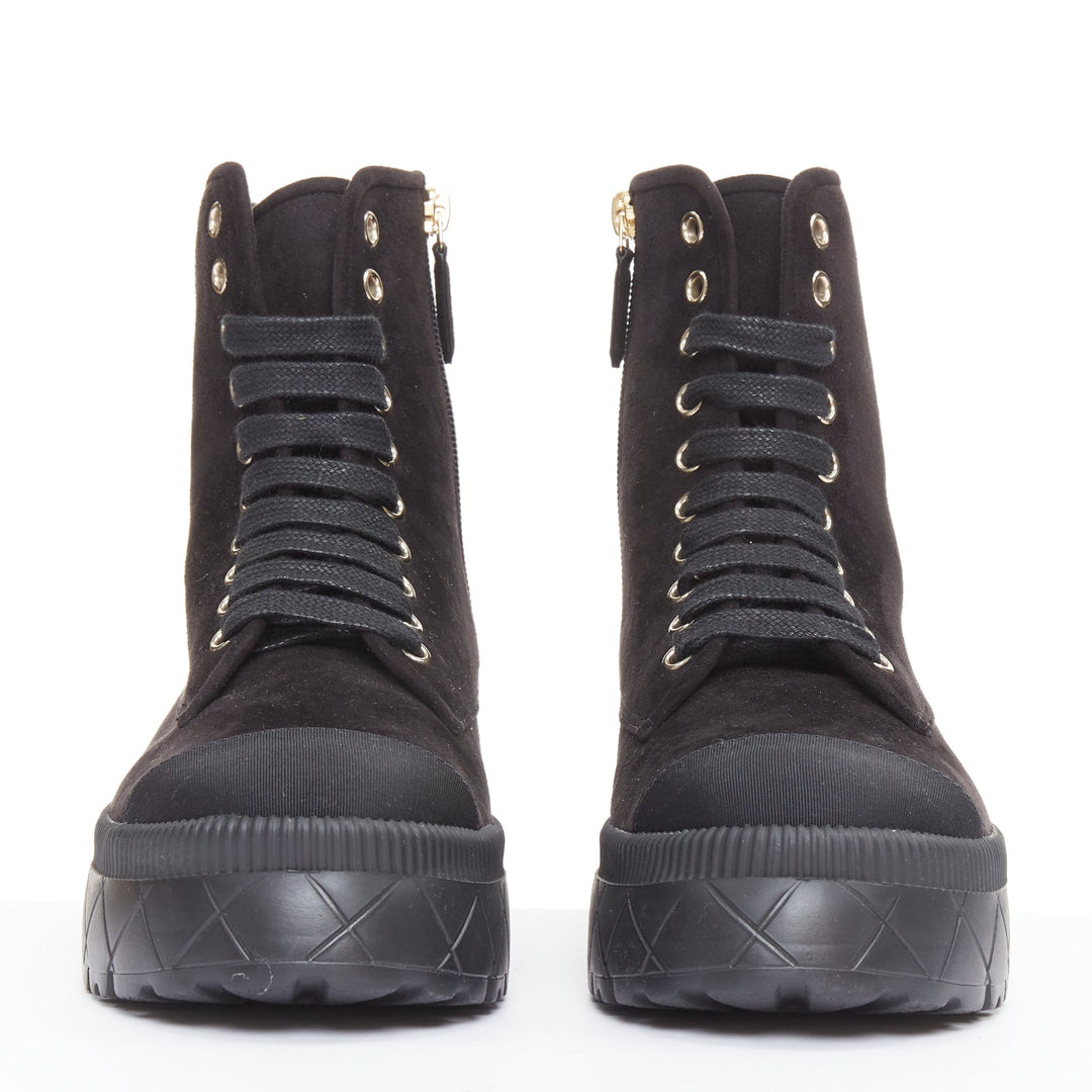 CHANEL 2023 black quilted suede silver CC cap toe platform combat boots EU37.5