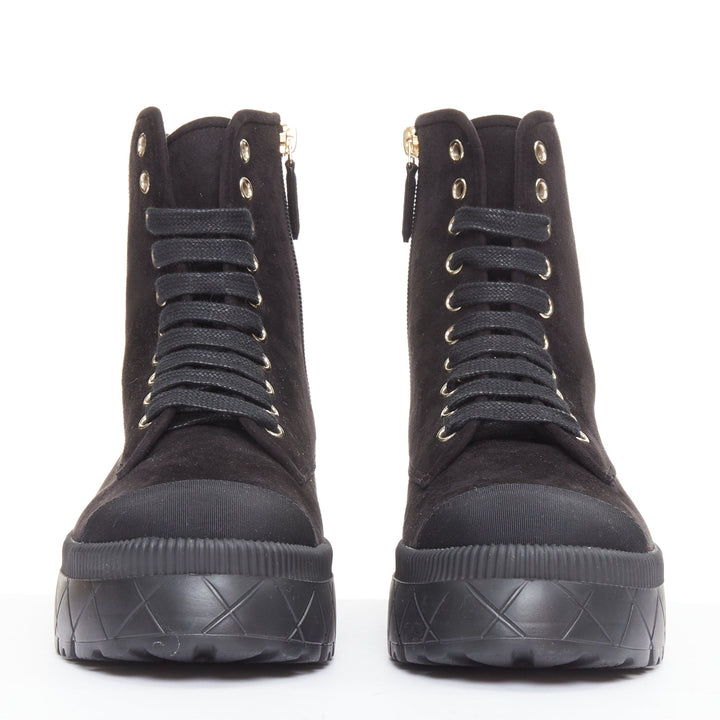 CHANEL 2023 black quilted suede silver CC cap toe platform combat boots EU37.5
