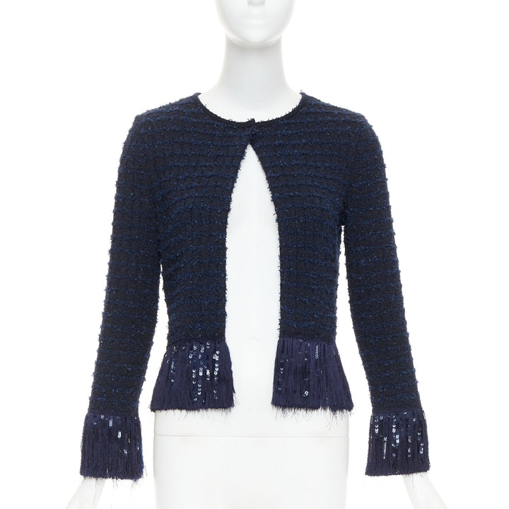 OSCAR DE LA RENTA 2023 navy blue wool tweed sequin fringe hem jacket XS