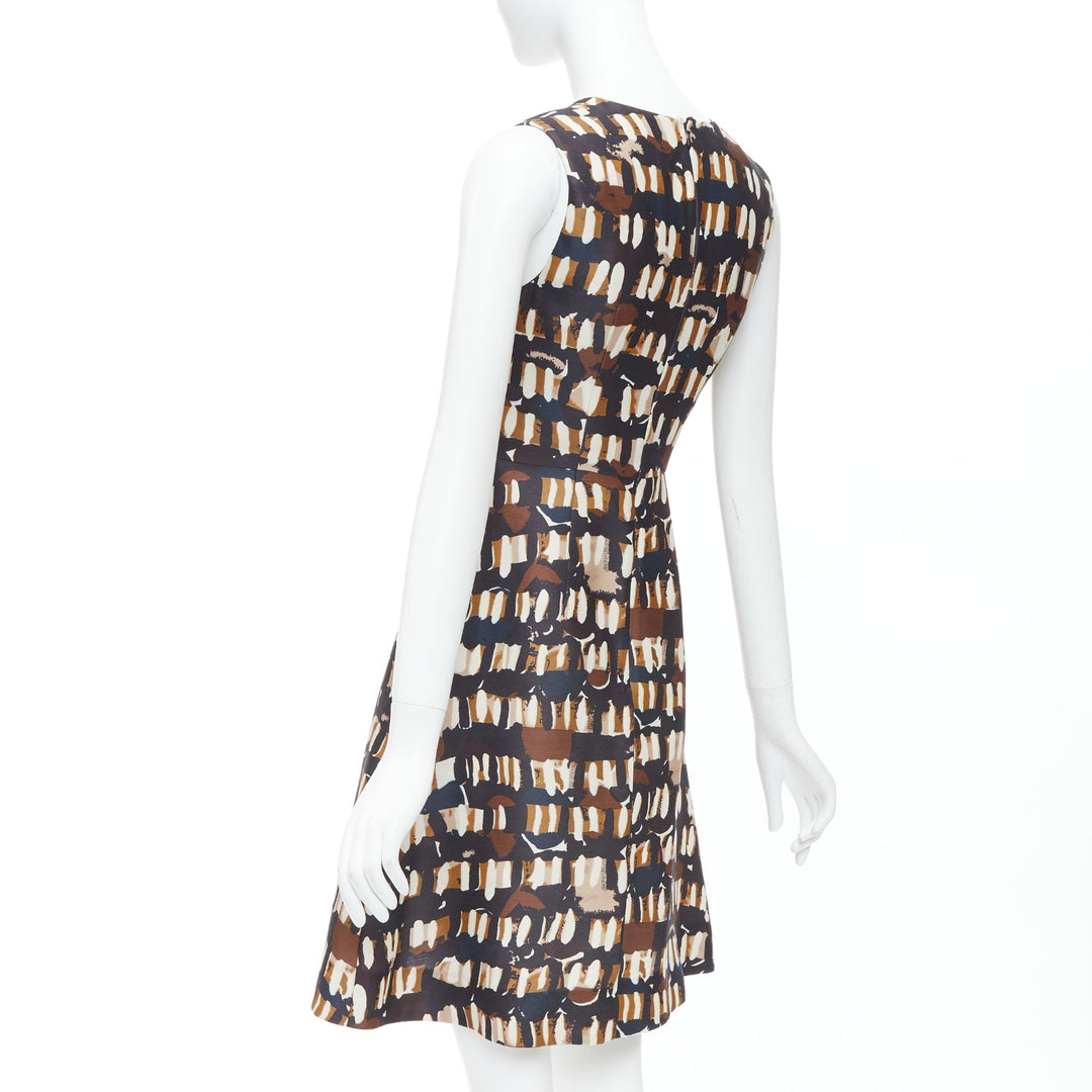 MARNI brown black wool silk abstract print fit flare dress IT38 XS