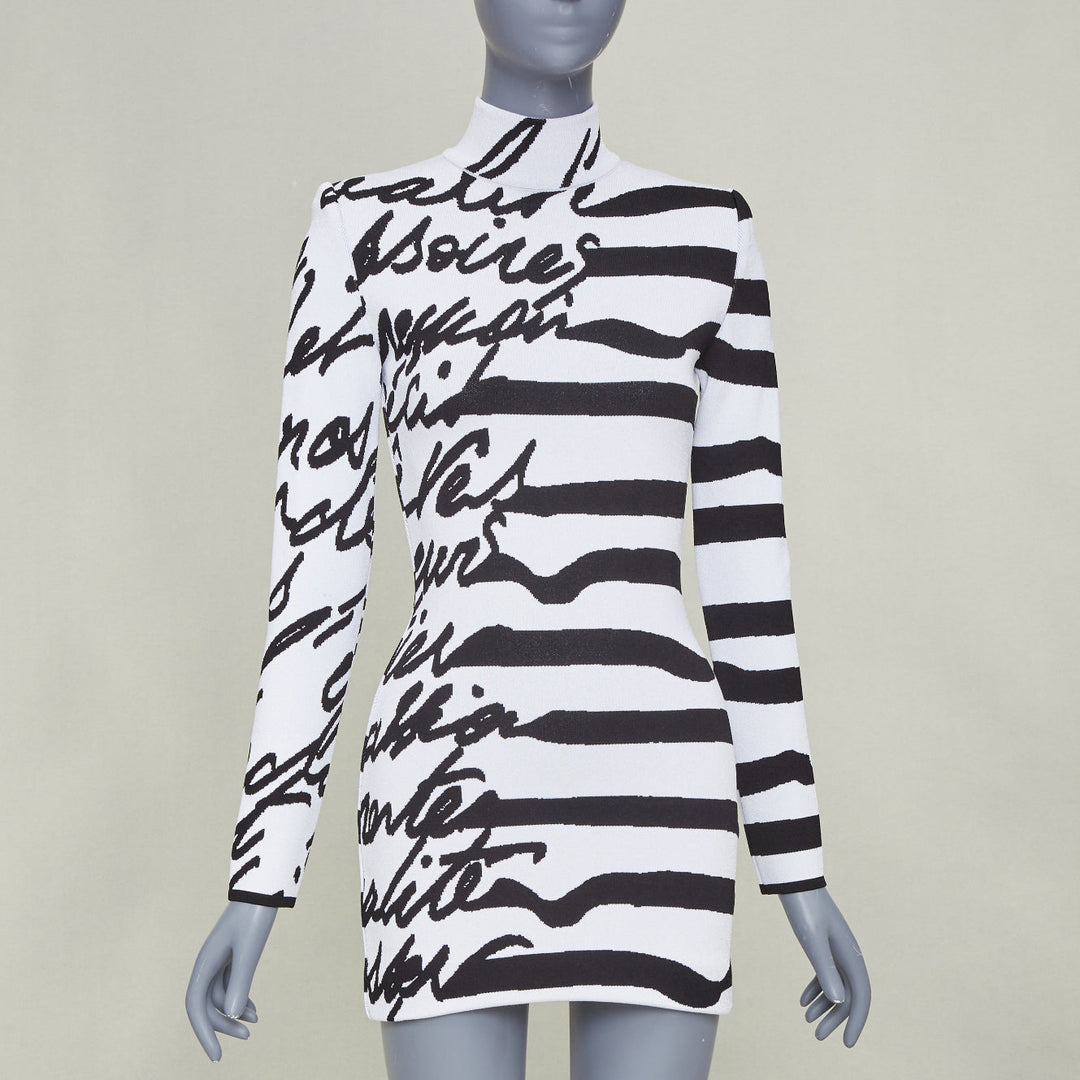 BALMAIN white black script stripe jacquard mock neck knit zip dress FR34 XXS