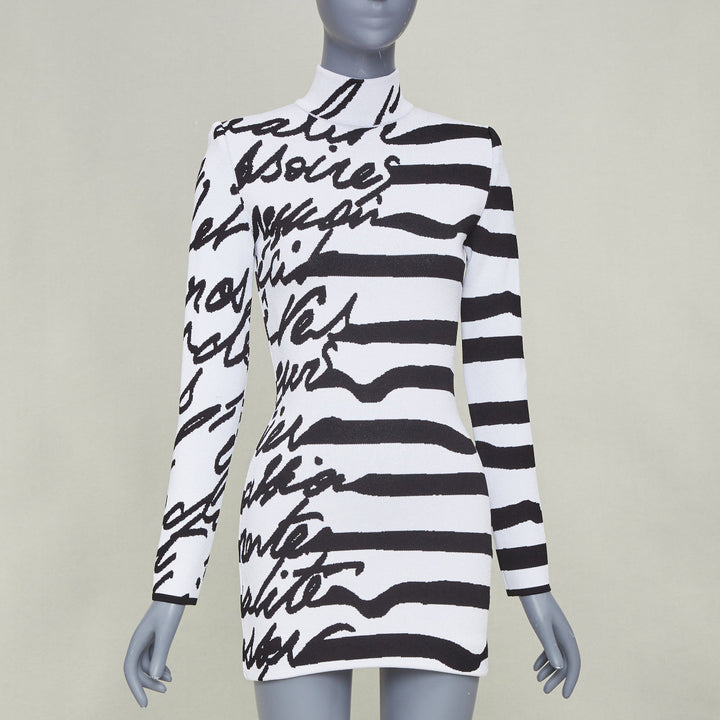 BALMAIN white black script stripe jacquard mock neck knit zip dress FR34 XXS
