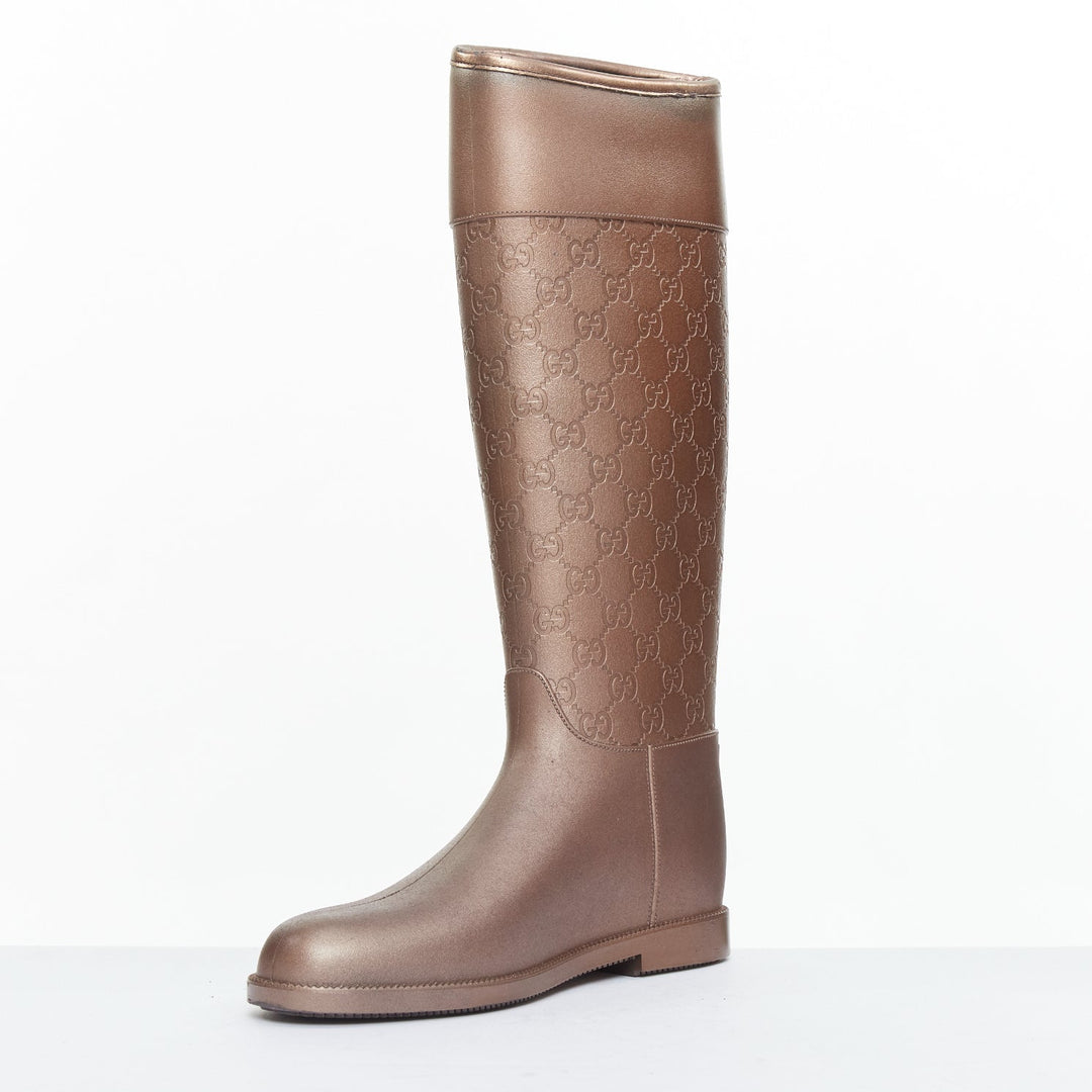 GUCCI bronze GG logo monogram rubber flat tall rainboots EU36