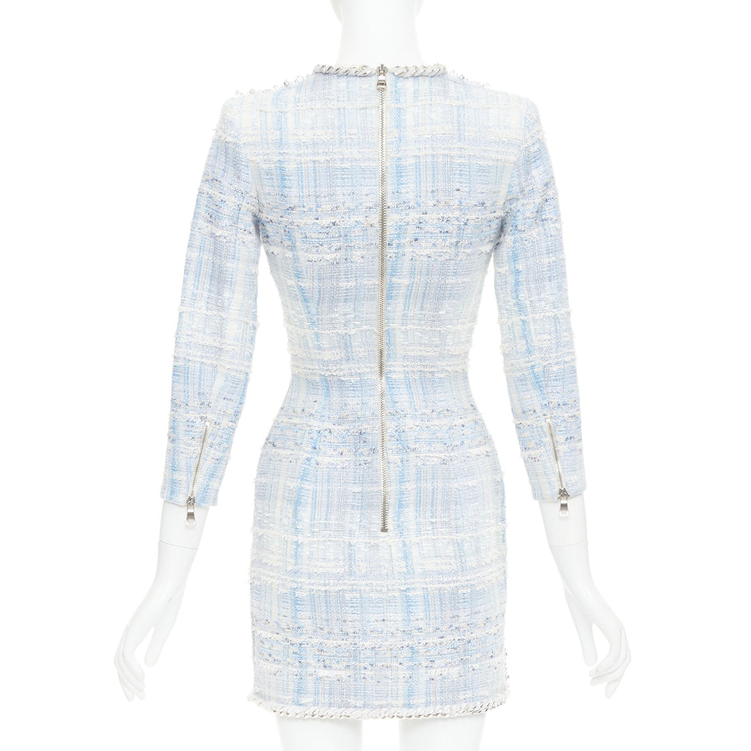 rare BALMAIN blue white tweed pearl bead embellished plunge mesh dress FR34 XS
