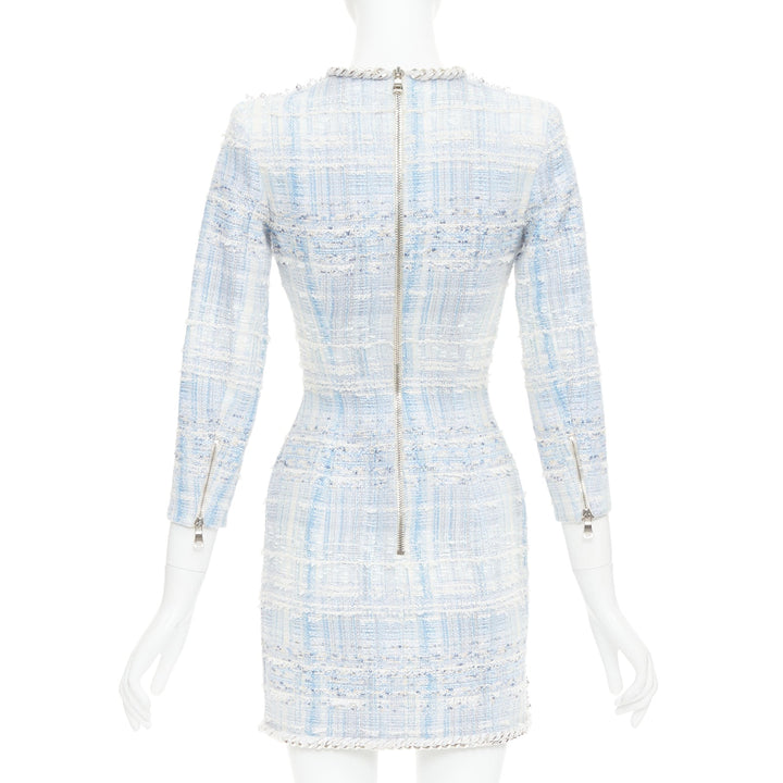 rare BALMAIN blue white tweed pearl bead embellished plunge mesh dress FR34 XS