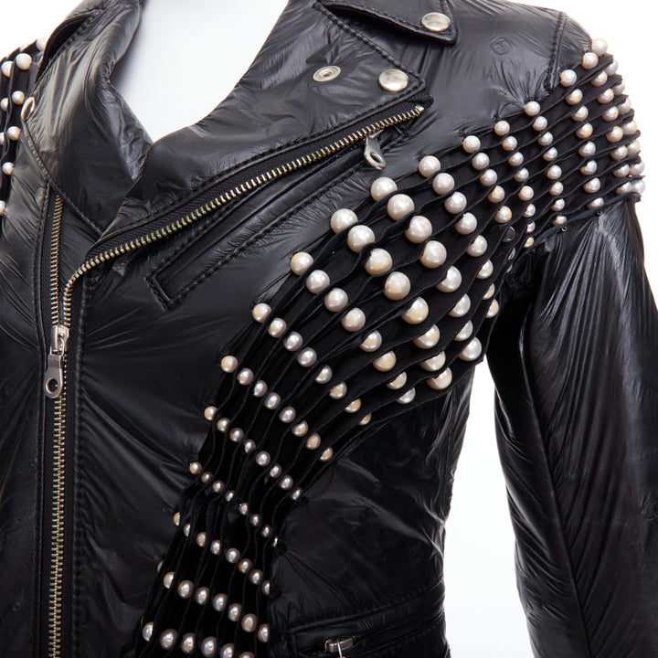 NOIR KEI NINOMIYA 2014 black faux leather pearl bead cropped jacket S