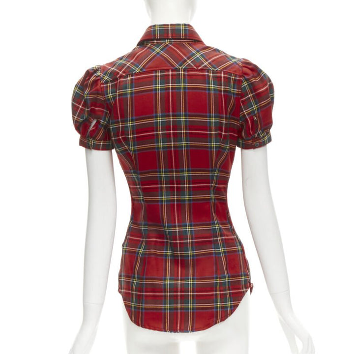 DSQUARED2 red punk plaid puff sleeve contour seam fitted shirt XS