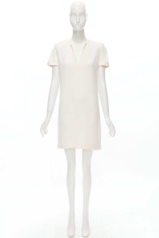 SAINT LAURENT 2013 Hedi Slimane ivory crepe leather trimmed V-neck dress FR36 S