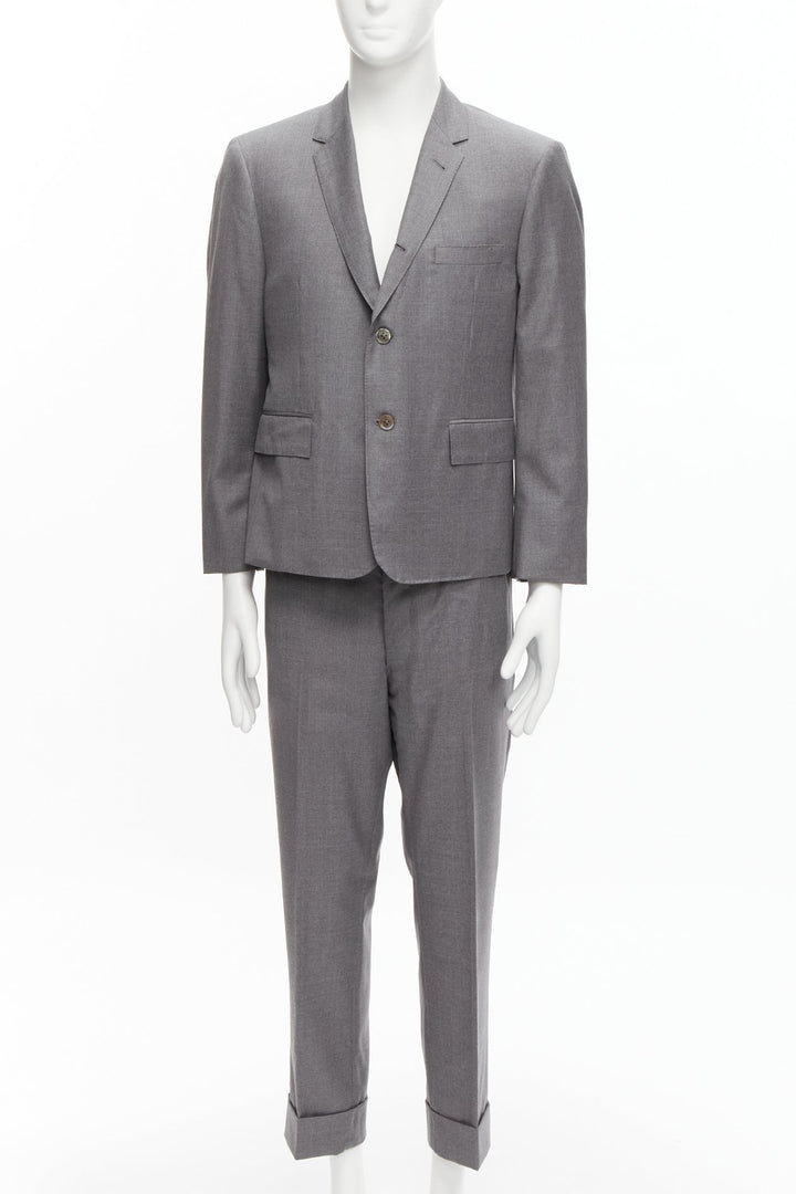 THOM BROWNE 100% wool grey single breast 2-button blazer pants suit SZ. 3 L