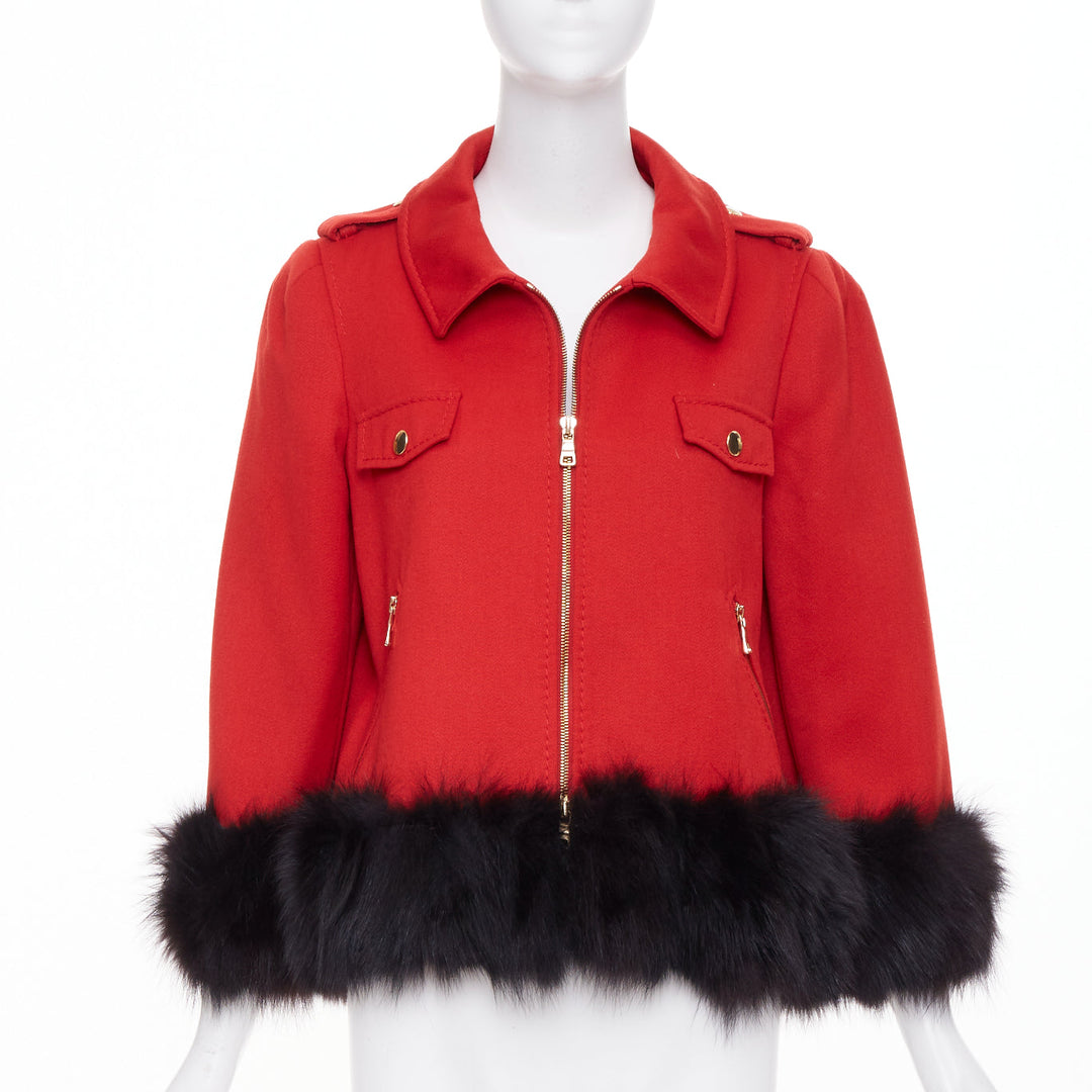 MOSCHINO Cheap and Chic red black real fur trim wool biker style jacket IT46 XL