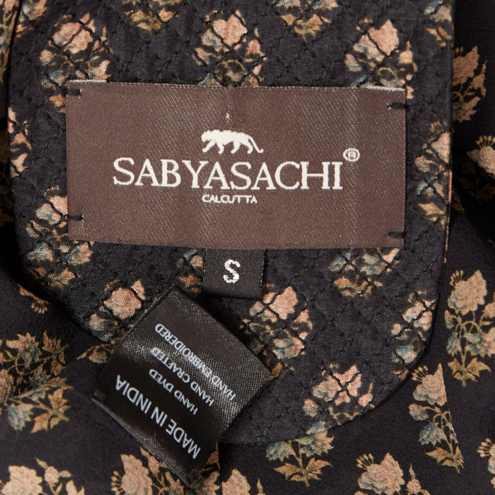 SABYASACHI black velvet gold floral applique sequins drape V neck dress S