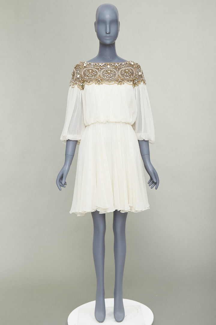 MARCHESA 2012 Runway ivory silk gold beads embellished off shoulder dress US4 S