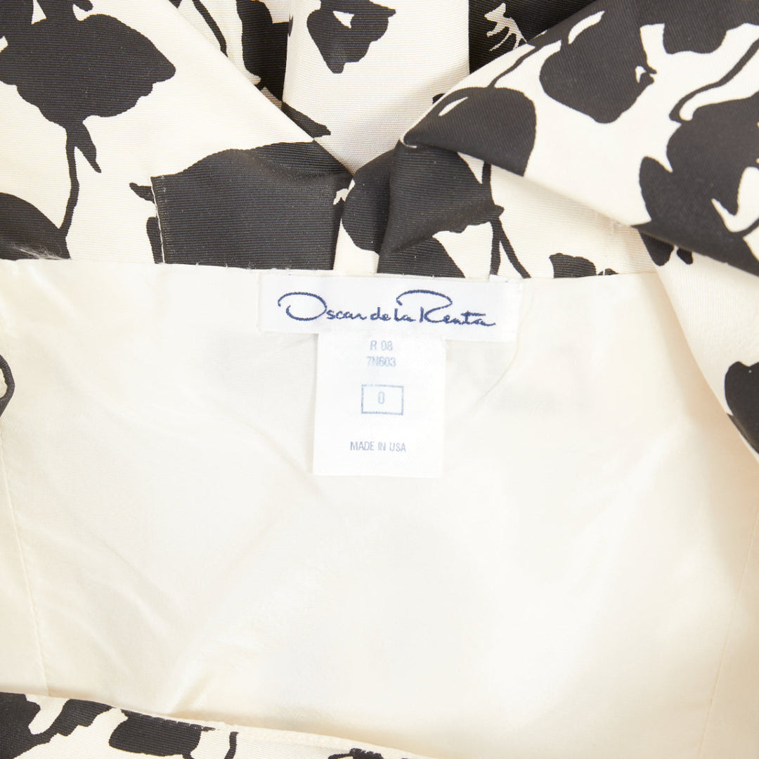OSCAR DE LA RENTA R08  poppy floral black white silk feather hem dress US0 XXS
