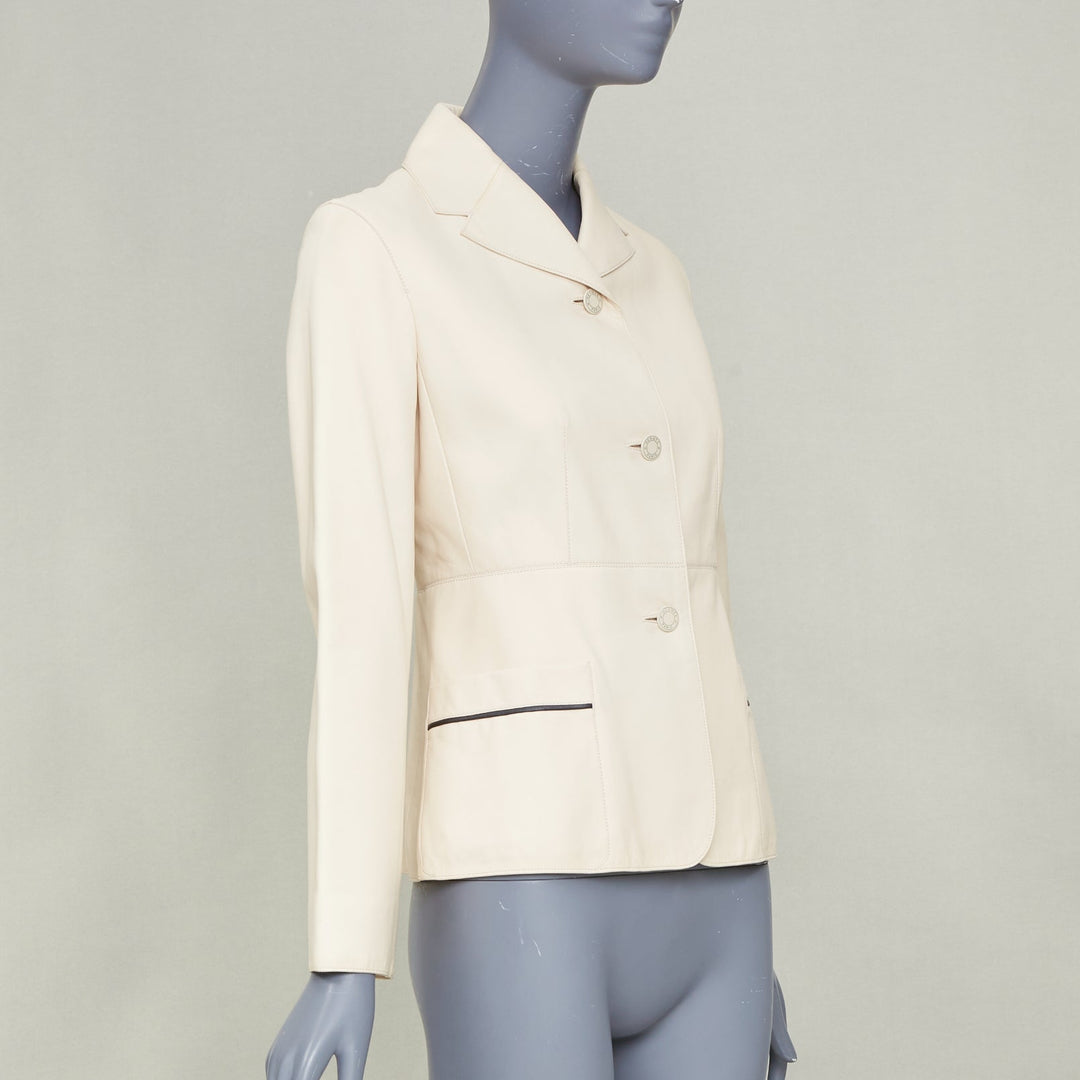 HERMES 2021 Equestrian ivory cream washed lambskin leather fitted jacket FR34 XS