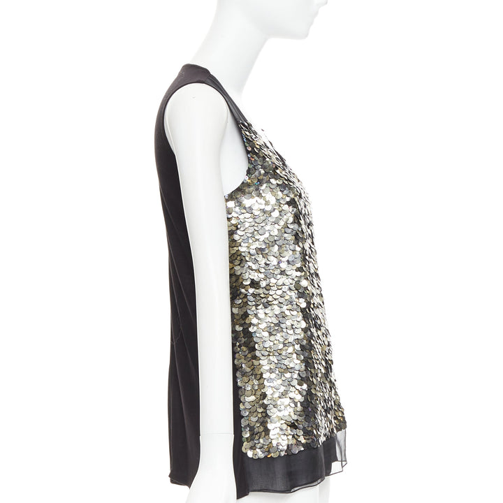 GIVENCHY black sheer silk lined iridescent sequinned illusion top L