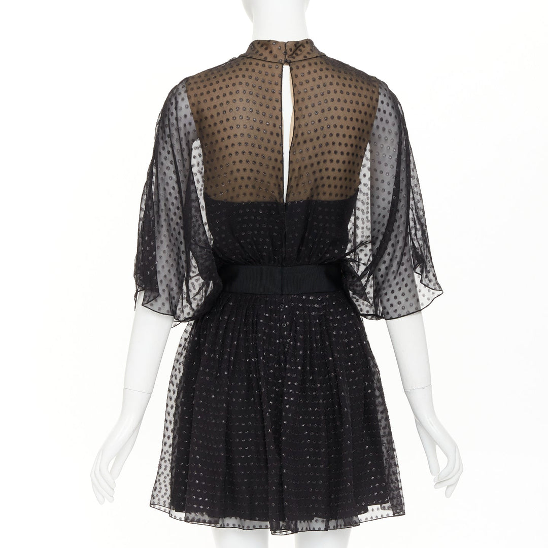 SAINT LAURENT 2014 black polka dot lurex semi sheer bow belt silk dress FR36 XS