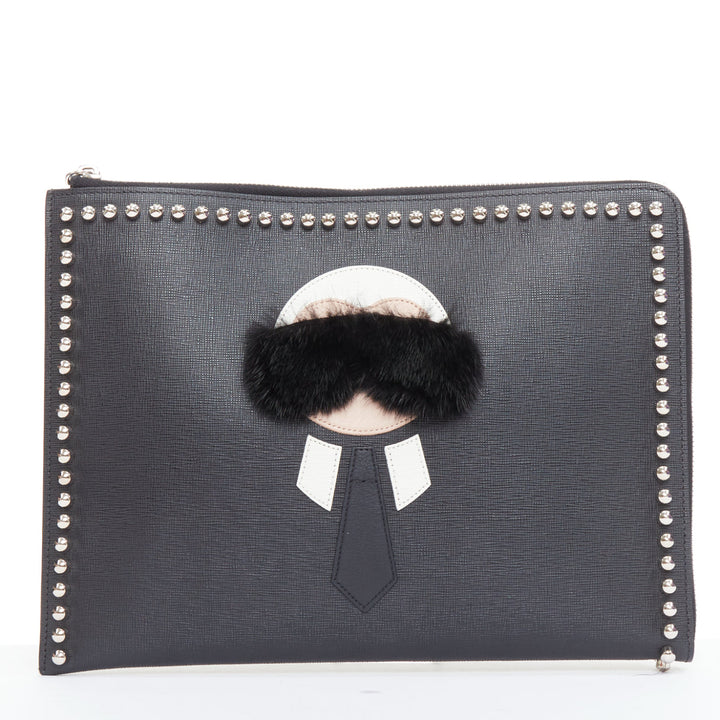FENDI Karlito black mink fur white leather studded saffiano portfolio clutch bag